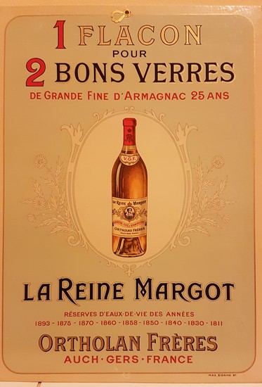 Carton de pub ancien, eaux de vie LA REINE MARGOT Ortholan Frères AUCH Gers